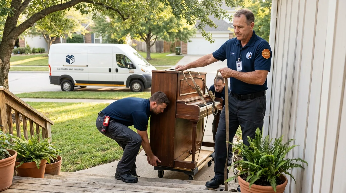 Licensed piano movers securing grand piano in Keystone Heights, FL