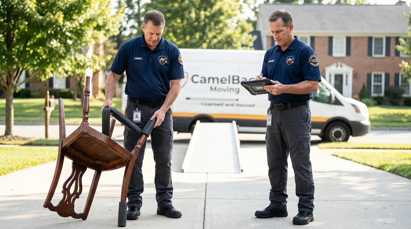 Movers inspecting furniture for damage prevention before loading in Keystone Heights, FL